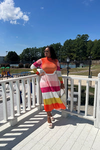 Classy and Fabulous  2 pc long sleeve pleated A line skirt set - Pink Orange Blend