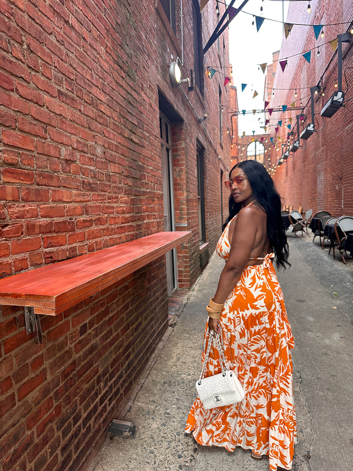Mykonos Floral Orange and White Maxi Dress
