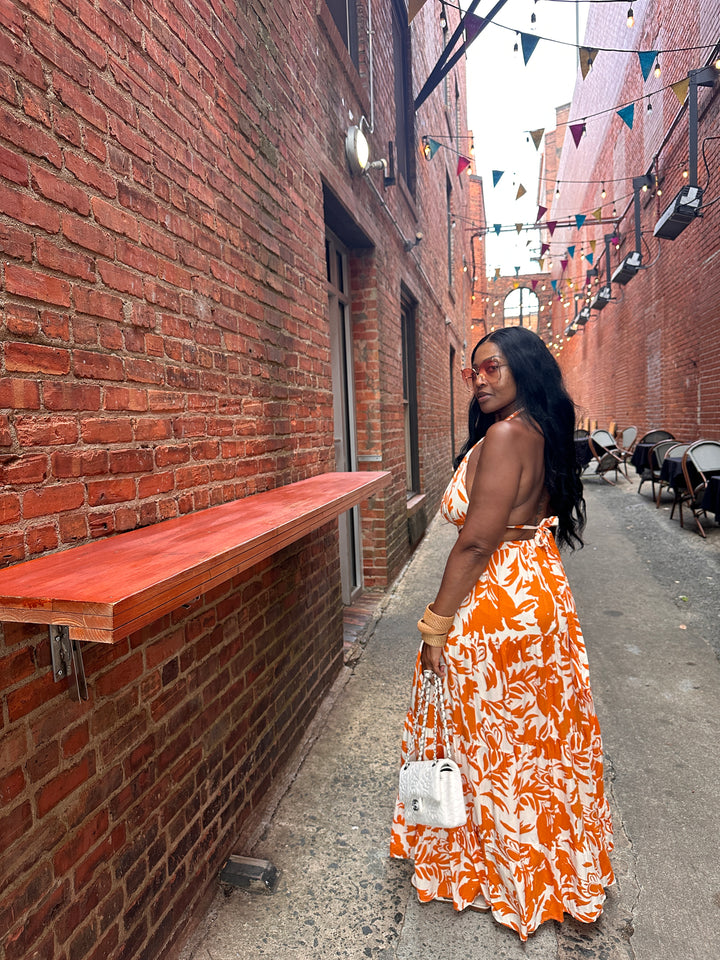 Mykonos Floral Orange and White Maxi Dress