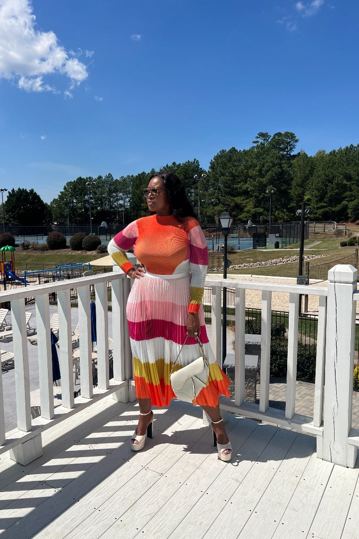 Classy and Fabulous  2 pc long sleeve pleated A line skirt set - Pink Orange Blend