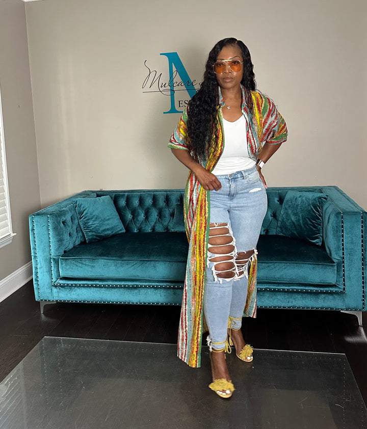 Multicolor Stripe Button Front Shirt Dress - Yellow turquoise Red blend