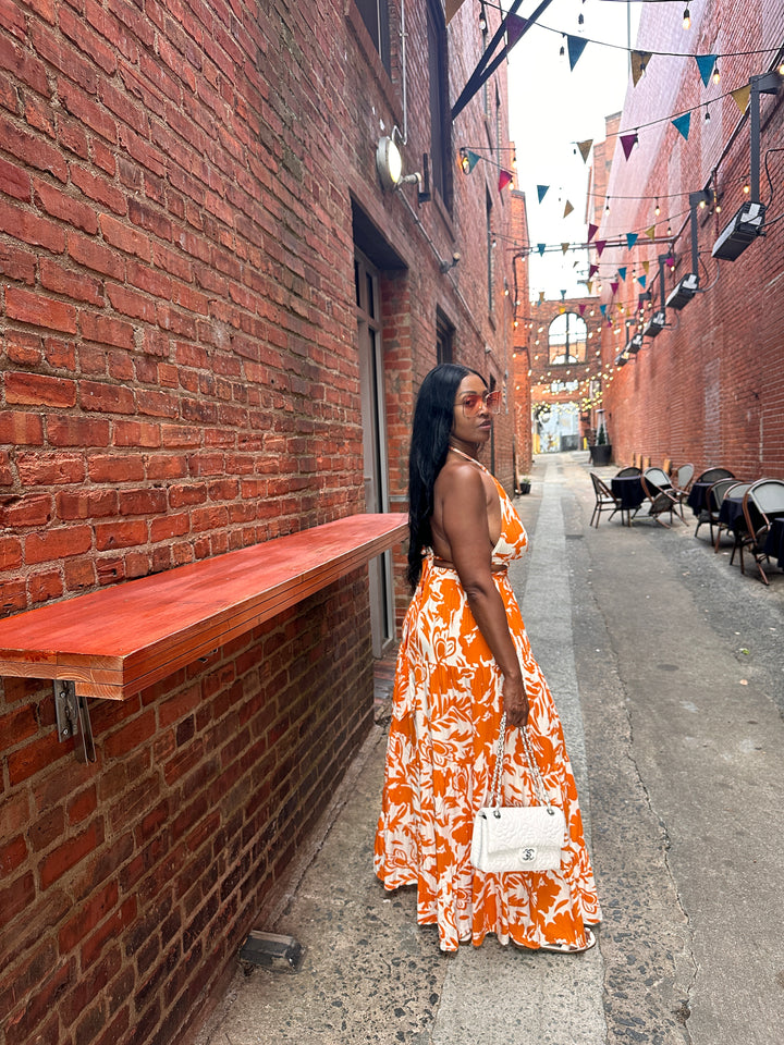 Mykonos Floral Orange and White Maxi Dress