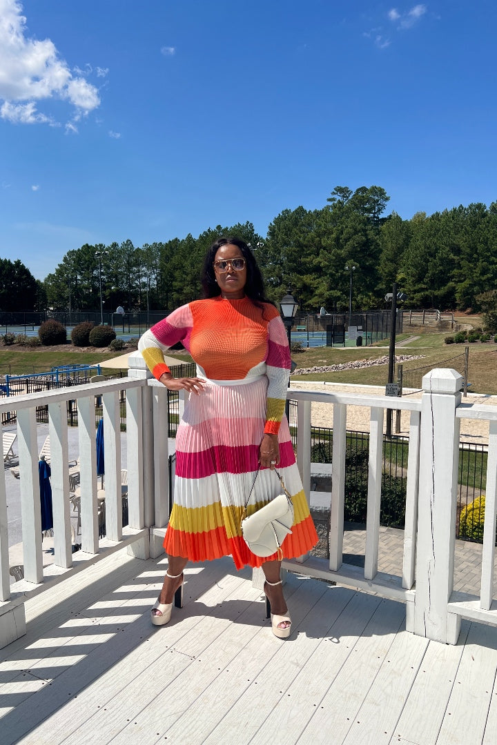 Classy and Fabulous  2 pc long sleeve pleated A line skirt set - Pink Orange Blend