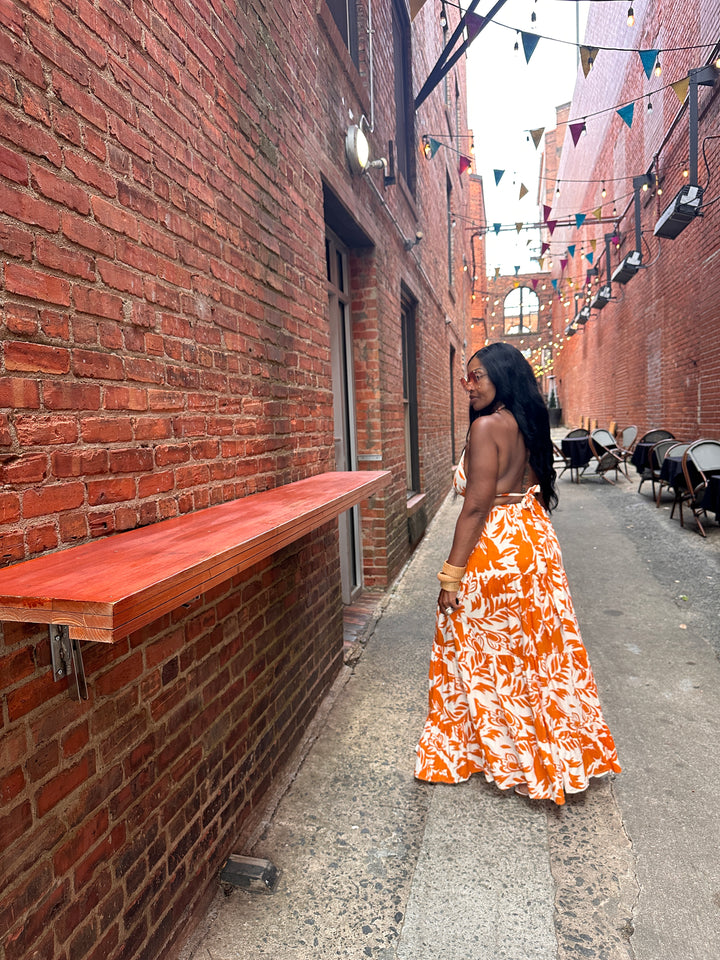 Mykonos Floral Orange and White Maxi Dress