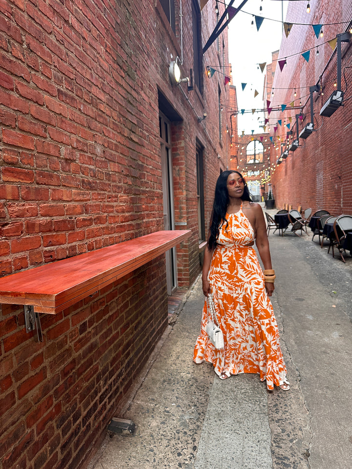 Mykonos Floral Orange and White Maxi Dress