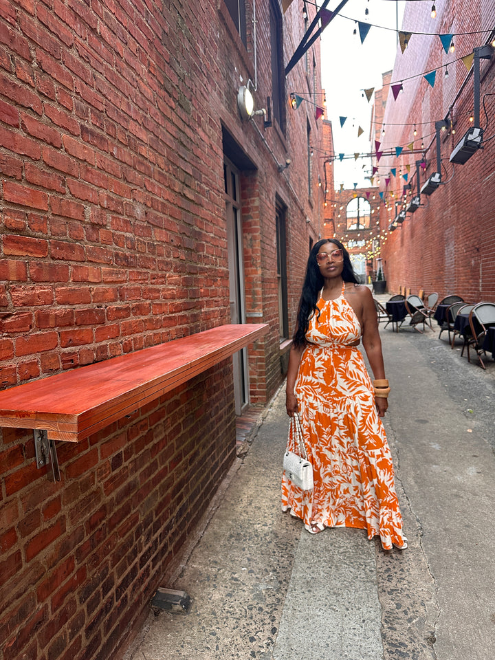 Mykonos Floral Orange and White Maxi Dress