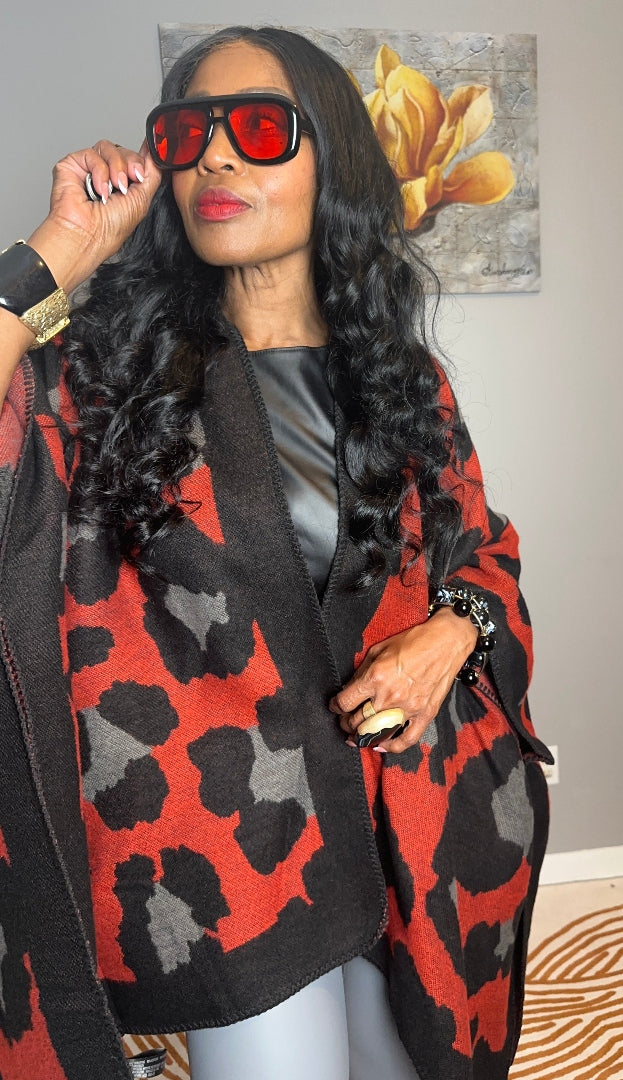 Aspen Open Front Poncho Kimono Coat -  Red Black Grey Blend