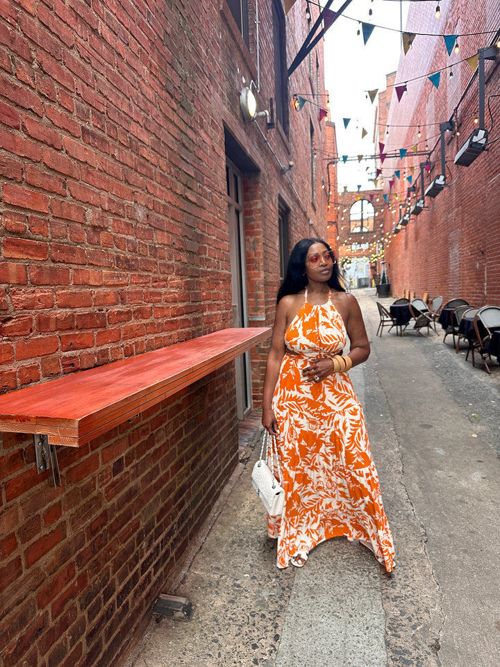 Mykonos Floral Orange and White Maxi Dress