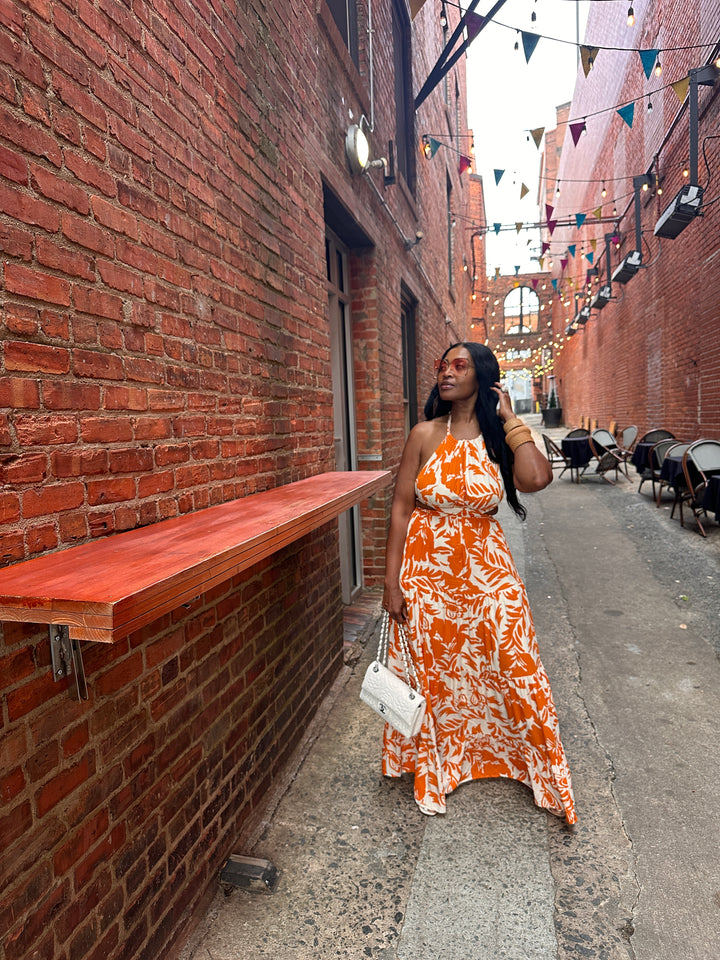 Mykonos Floral Orange and White Maxi Dress