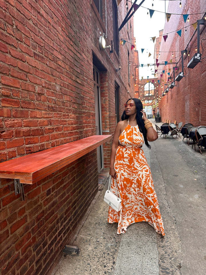 Mykonos Floral Orange and White Maxi Dress