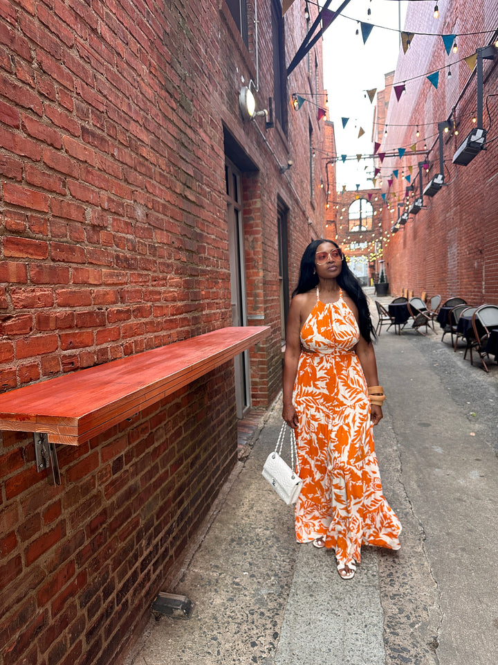Mykonos Floral Orange and White Maxi Dress