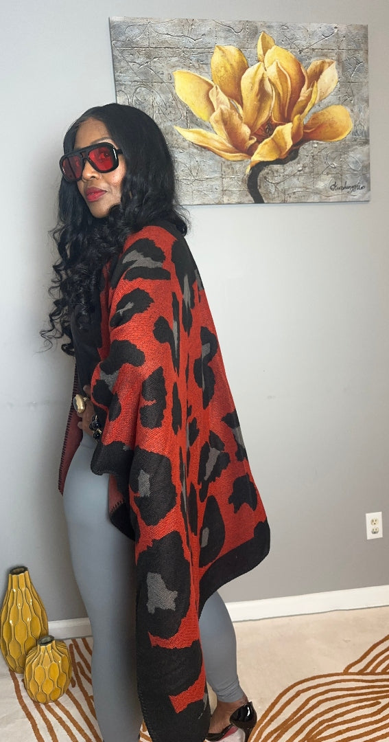 Aspen Open Front Poncho Kimono Coat -  Red Black Grey Blend