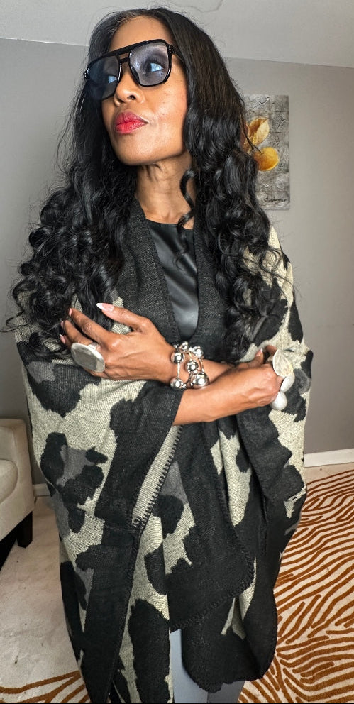 Aspen Open Front Poncho Kimono Coat -  Black Grey Tan Blend