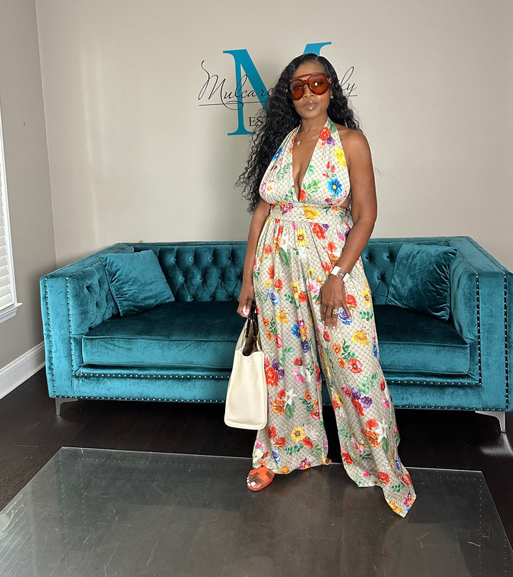 Garden party Open Back Halter Jumpsuit - Tan Floral Blend