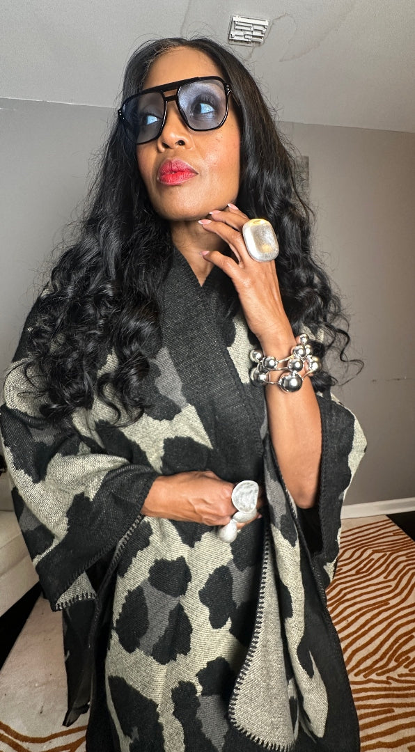 Aspen Open Front Poncho Kimono Coat -  Black Grey Tan Blend