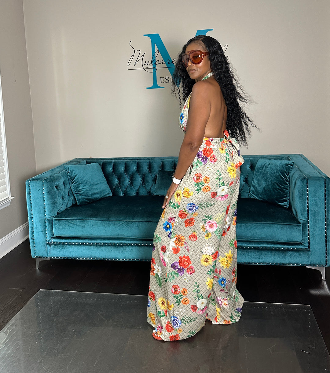 Garden party Open Back Halter Jumpsuit - Tan Floral Blend