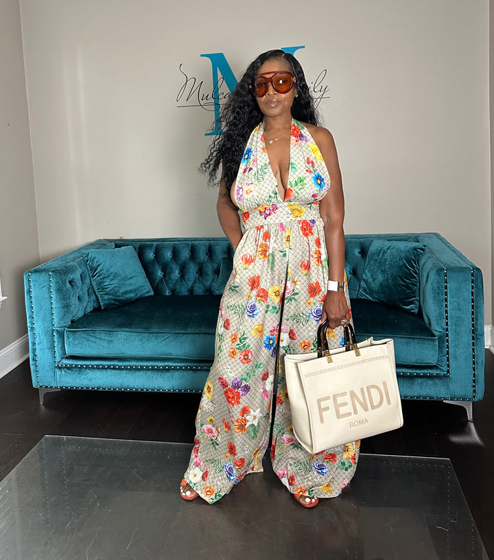Garden party Open Back Halter Jumpsuit - Tan Floral Blend