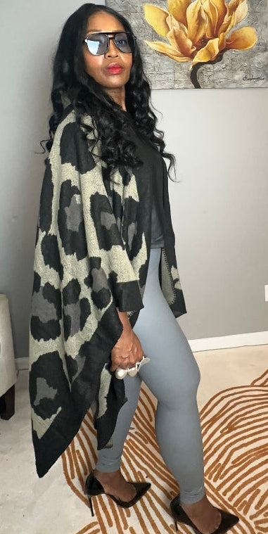 Aspen Open Front Poncho Kimono Coat -  Black Grey Tan Blend