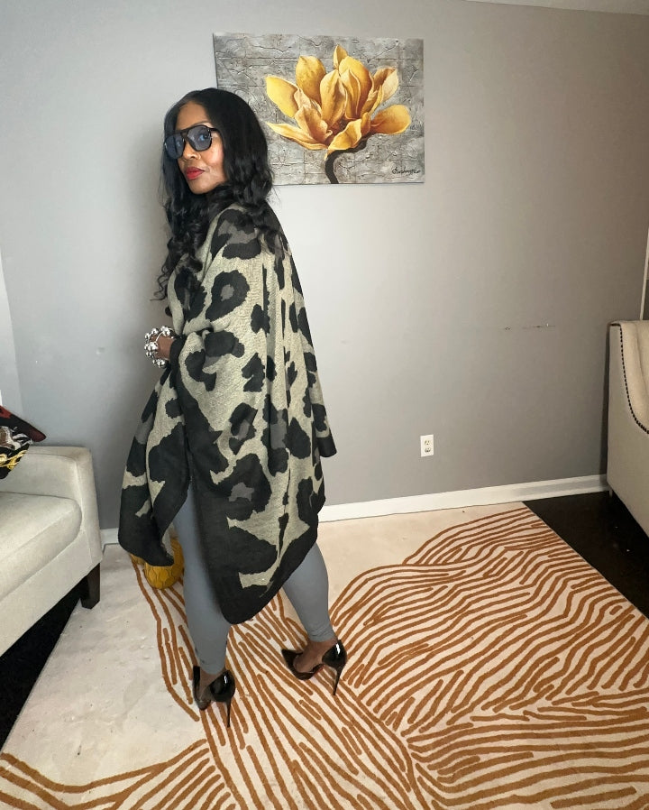 Aspen Open Front Poncho Kimono Coat -  Black Grey Tan Blend