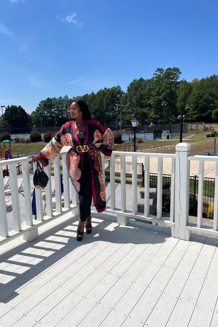 Ghana Open Front Kimono Long Kimono with matching scarf- Wine Black  Blend