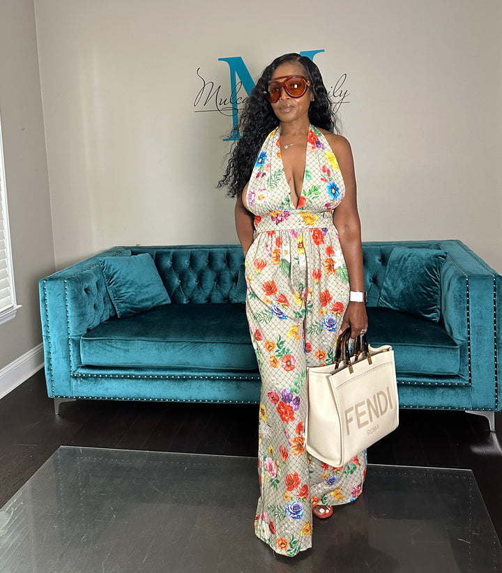 Garden party Open Back Halter Jumpsuit - Tan Floral Blend