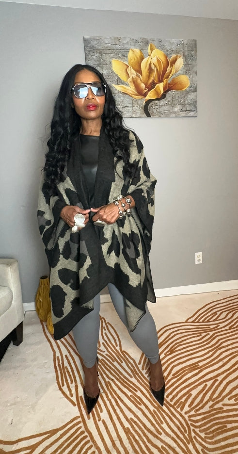 Aspen Open Front Poncho Kimono Coat -  Black Grey Tan Blend