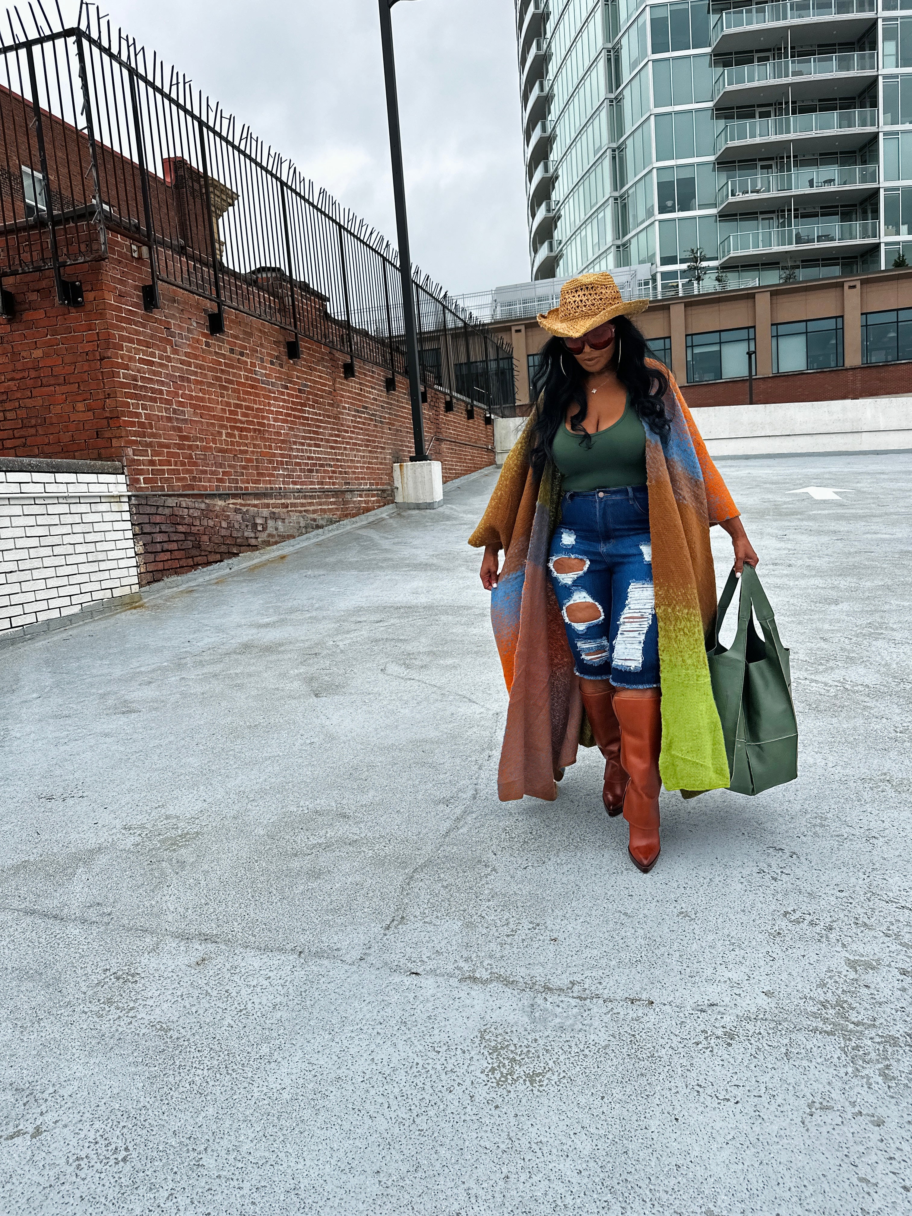 Ombre Open Front Long Cardigan Coat Chocolate Lime Green Orange