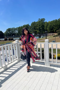 Ghana Open Front Kimono Long Kimono with matching scarf- Wine Black  Blend