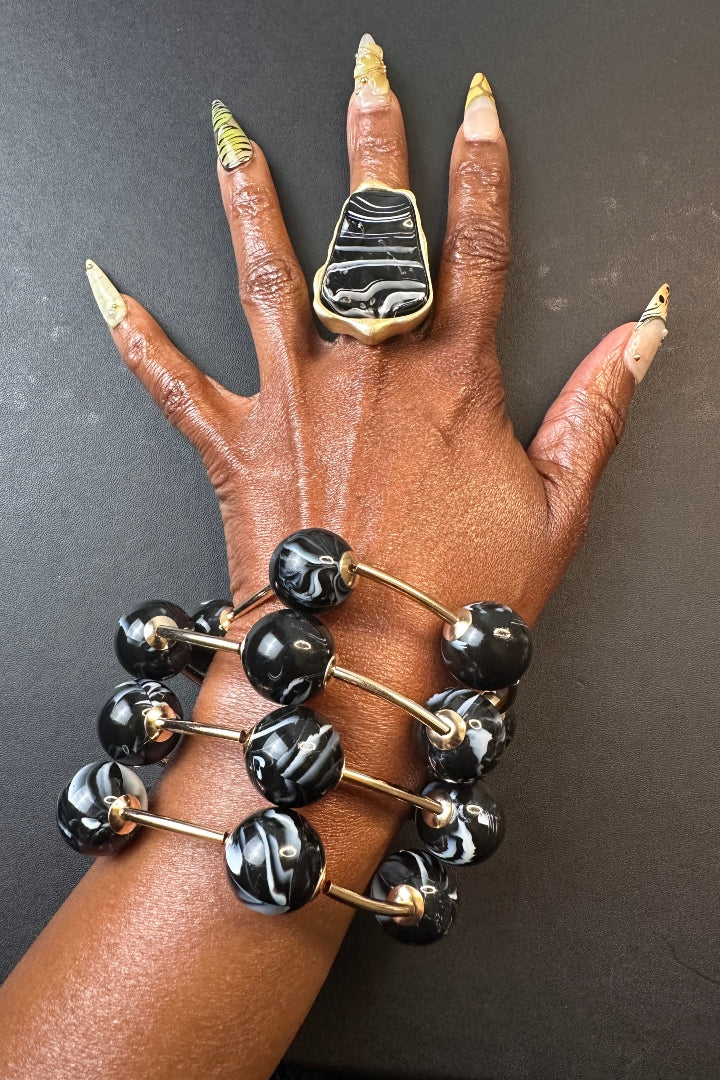 Halo Large Bubble Stretch 3 piece Stacked Bracelet Set - Black and Gold Marble