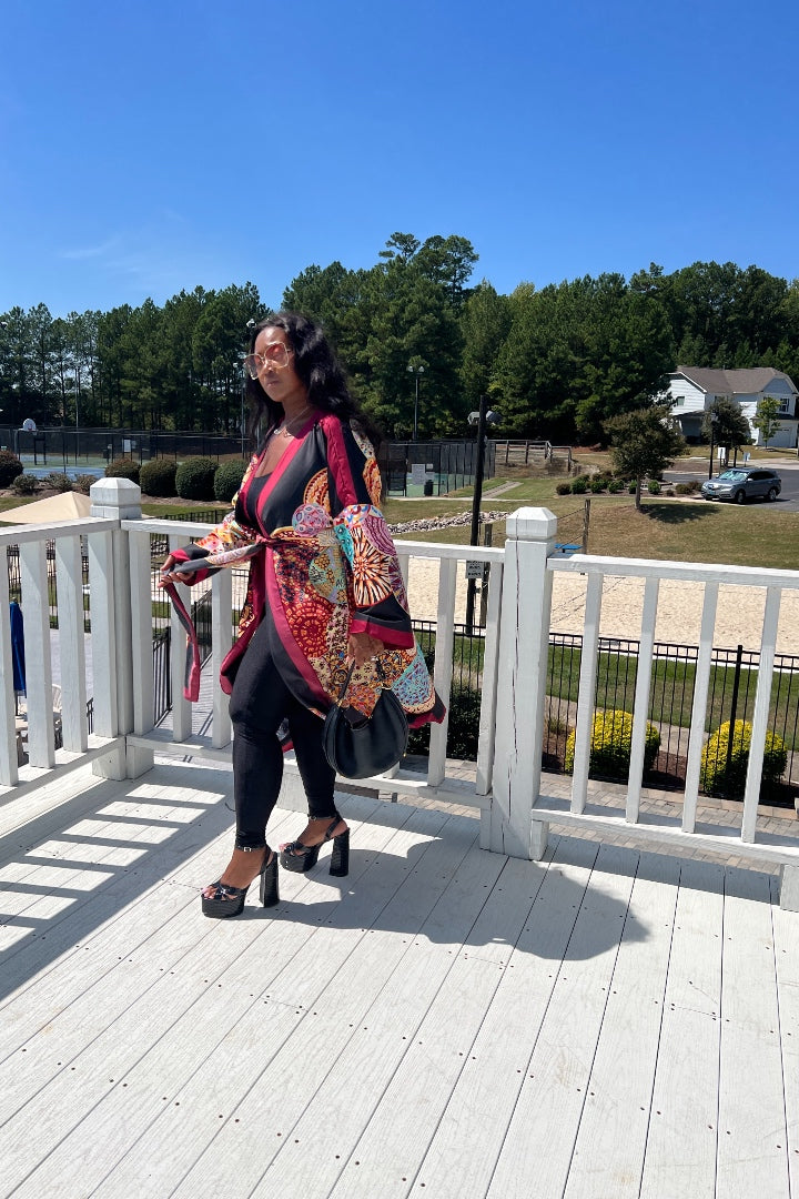 Ghana Open Front Kimono Long Kimono with matching scarf- Wine Black  Blend