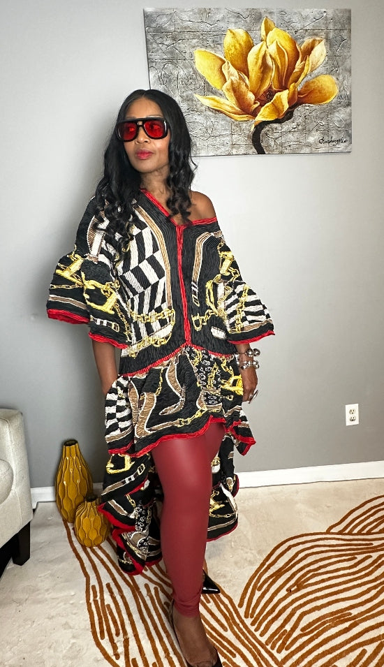 All the Drama Pleated Ruffled High Low Top/Dress - Black Red Gold Blend