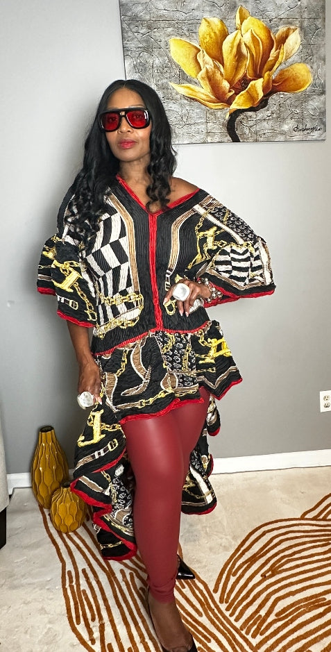 All the Drama Pleated Ruffled High Low Top/Dress - Black Red Gold Blend