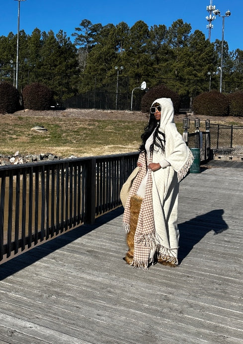 Hooded Winter White Open Front Poncho - Winter White Tan Blend Ships 2/14