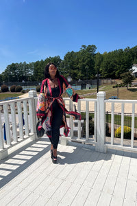 Ghana Open Front Kimono Long Kimono with matching scarf- Wine Black  Blend