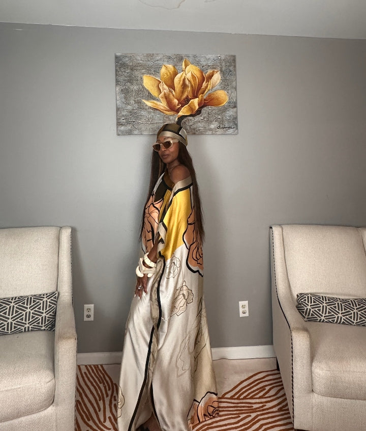Vacation Vibes Kaftan Maxi Dress with Matching Scarf  -  Chocolate Peach Cream Yellow Blend Ships 6/12