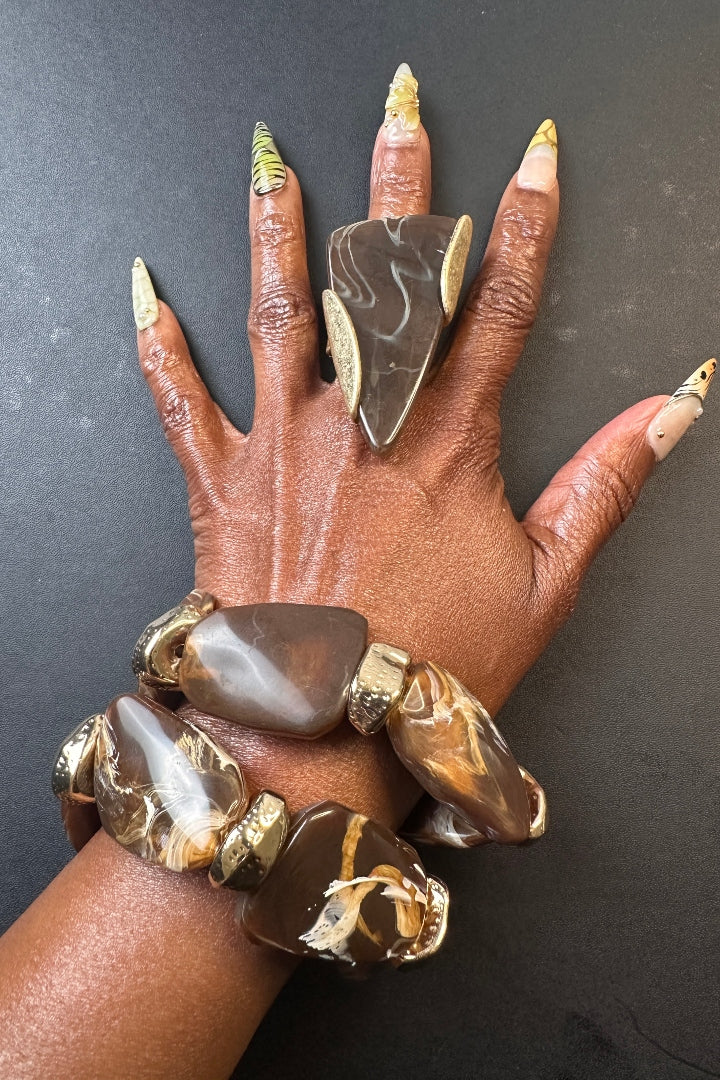 Halo Stretch Brown Marble Bracelet  - Dark Brown Marble Gold blend