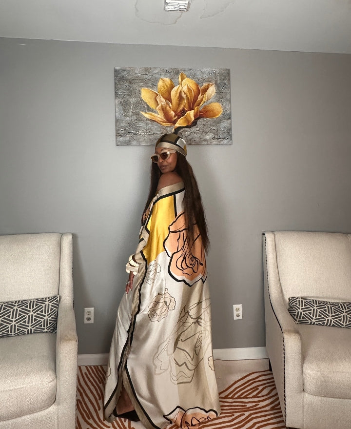 Vacation Vibes Kaftan Maxi Dress with Matching Scarf  -  Chocolate Peach Cream Yellow Blend Ships 6/12