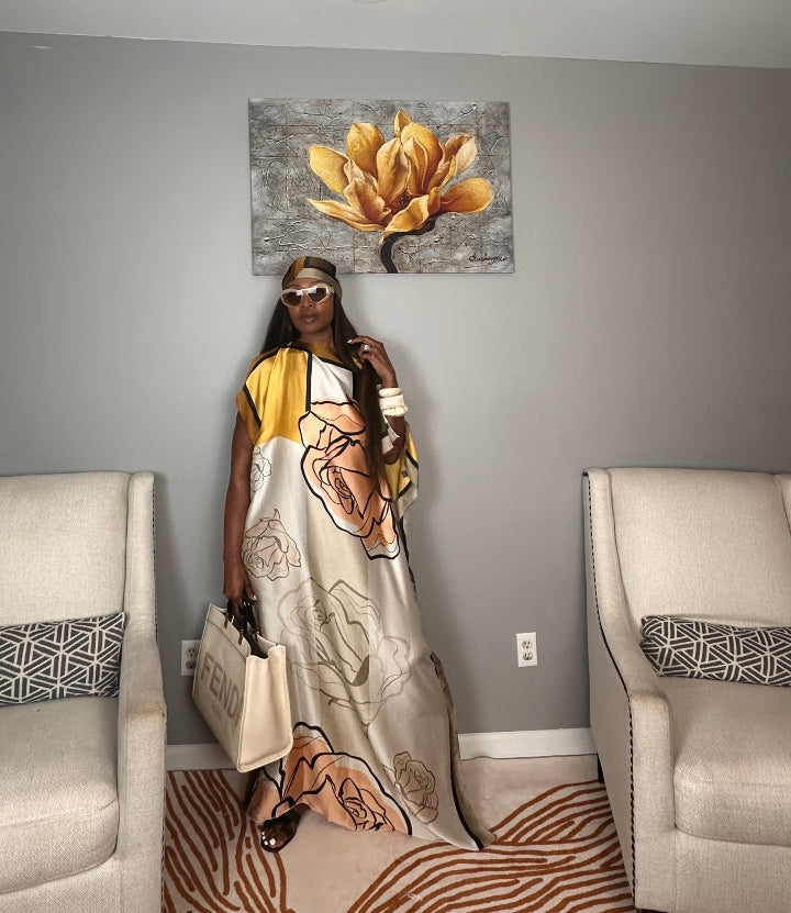 Vacation Vibes Kaftan Maxi Dress with Matching Scarf  -  Chocolate Peach Cream Yellow Blend Ships 6/12