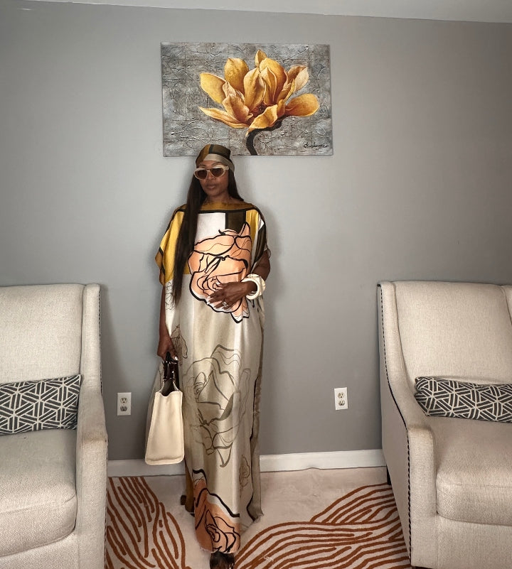 Vacation Vibes Kaftan Maxi Dress with Matching Scarf  -  Chocolate Peach Cream Yellow Blend Ships 6/12