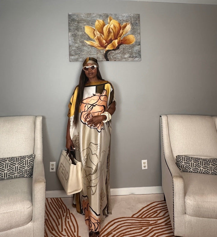 Vacation Vibes Kaftan Maxi Dress with Matching Scarf  -  Chocolate Peach Cream Yellow Blend Ships 6/12