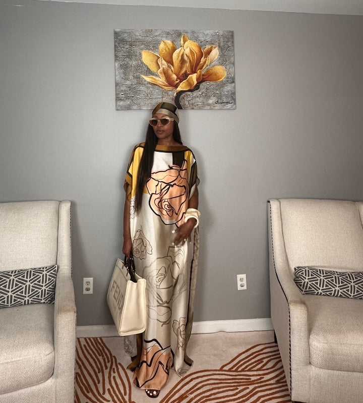 Vacation Vibes Kaftan Maxi Dress with Matching Scarf  -  Chocolate Peach Cream Yellow Blend Ships 6/12