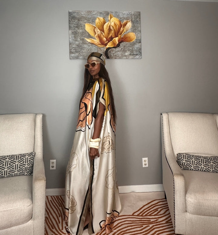 Vacation Vibes Kaftan Maxi Dress with Matching Scarf  -  Chocolate Peach Cream Yellow Blend Ships 6/12