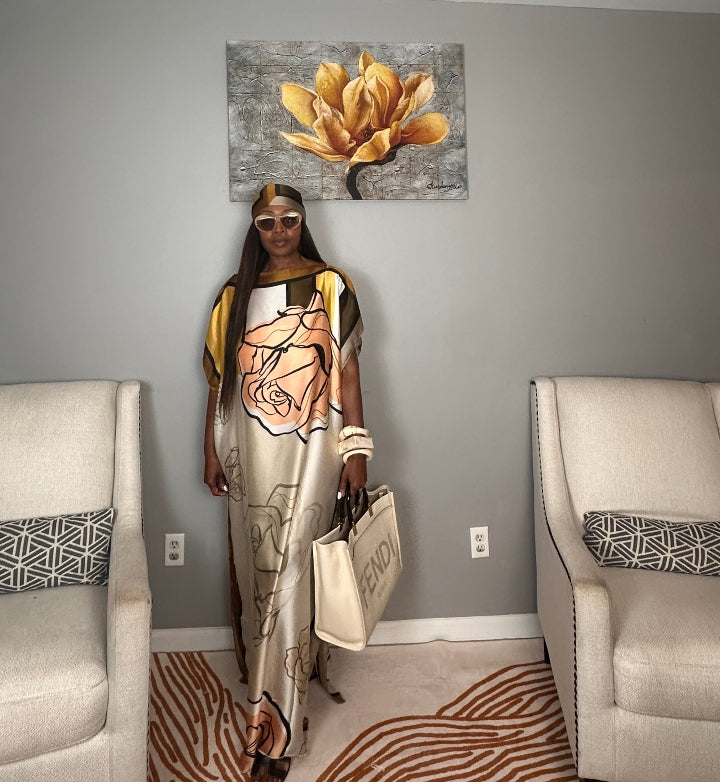 Vacation Vibes Kaftan Maxi Dress with Matching Scarf  -  Chocolate Peach Cream Yellow Blend Ships 6/12