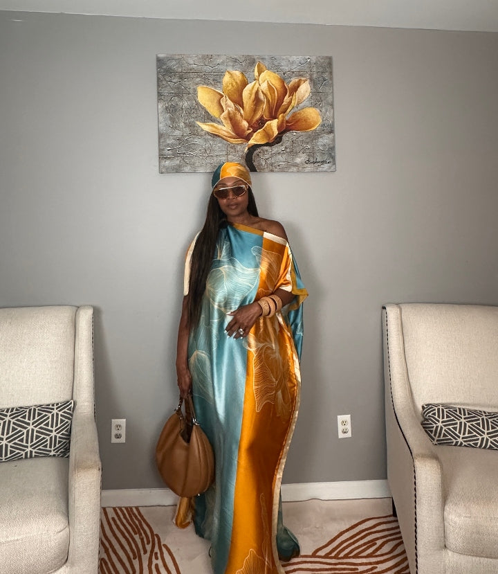 Vacation Vibes Kaftan Maxi Dress with Matching Scarf  -  Copper Orange Turquoise Cream