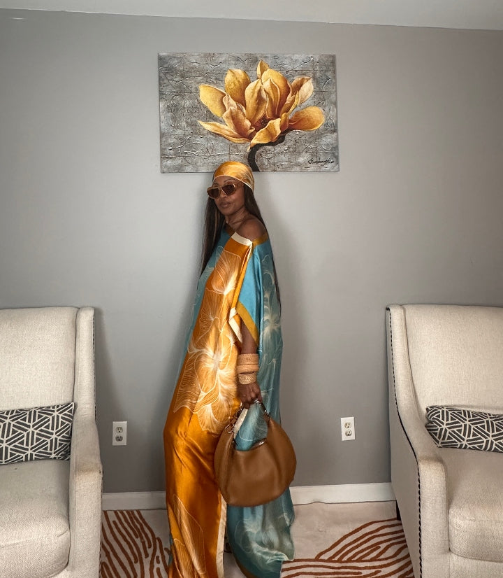 Vacation Vibes Kaftan Maxi Dress with Matching Scarf  -  Copper Orange Turquoise Cream