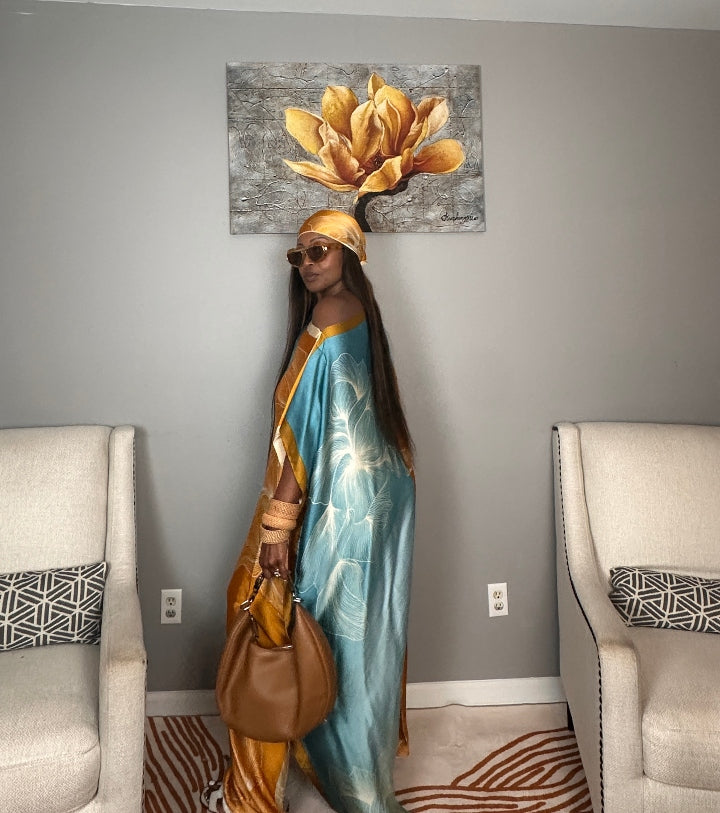 Vacation Vibes Kaftan Maxi Dress with Matching Scarf  -  Copper Orange Turquoise Cream