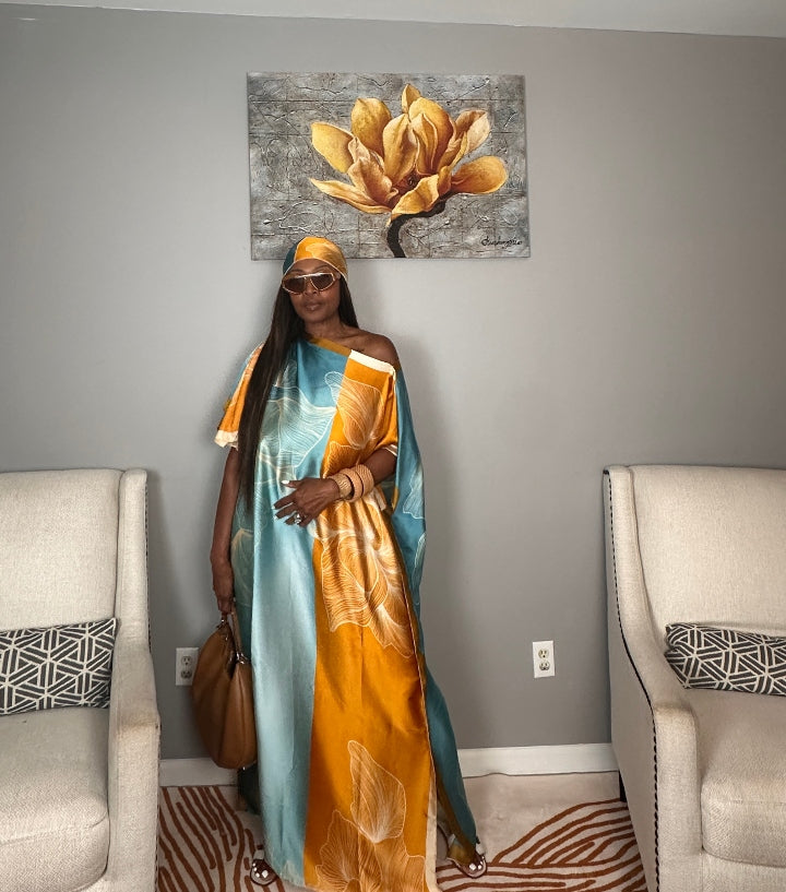 Vacation Vibes Kaftan Maxi Dress with Matching Scarf  -  Copper Orange Turquoise Cream