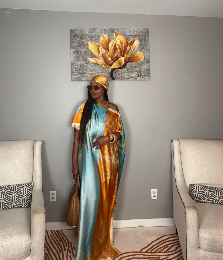 Vacation Vibes Kaftan Maxi Dress with Matching Scarf  -  Copper Orange Turquoise Cream