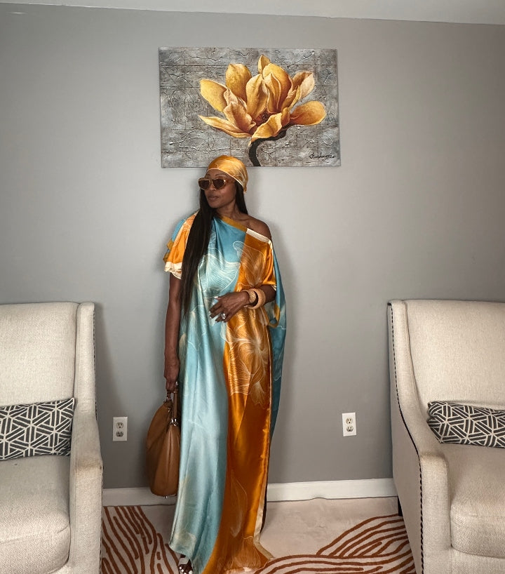 Vacation Vibes Kaftan Maxi Dress with Matching Scarf  -  Copper Orange Turquoise Cream