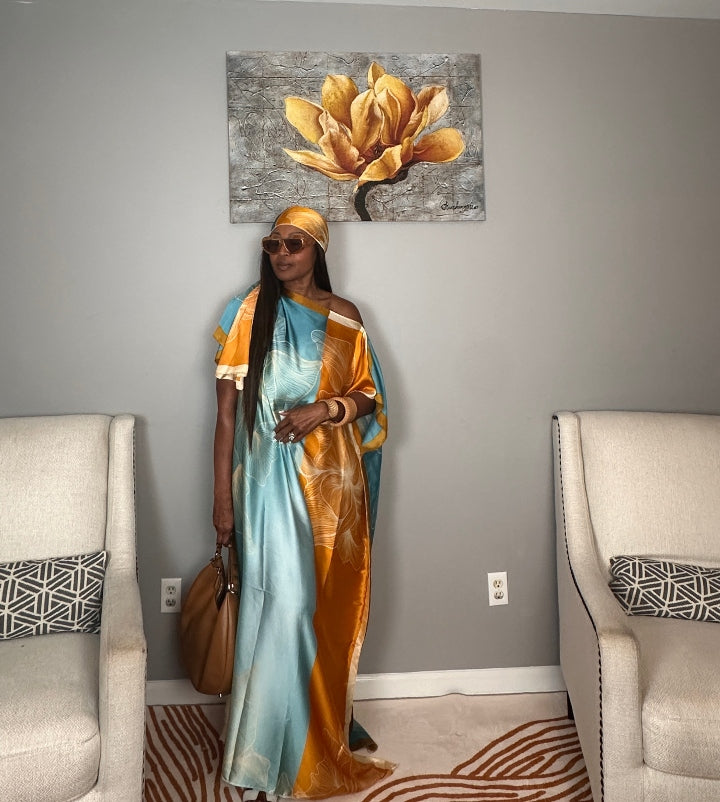 Vacation Vibes Kaftan Maxi Dress with Matching Scarf  -  Copper Orange Turquoise Cream